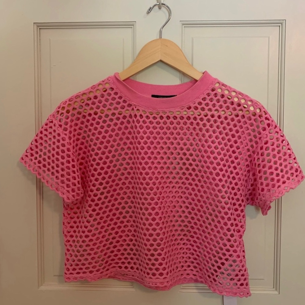 BOGO F21 Neon Pink Stretchy Cotton Fishnet Mesh Crop Top 80s EUC Scrimmage